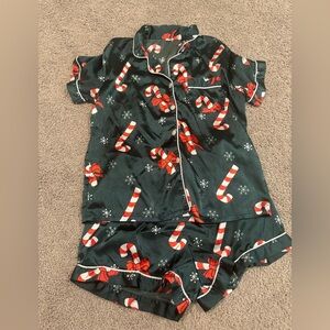 Christmas Candy Cane Dark Green Button Up Pajama Short Sleeve Short Set Sz Sm M